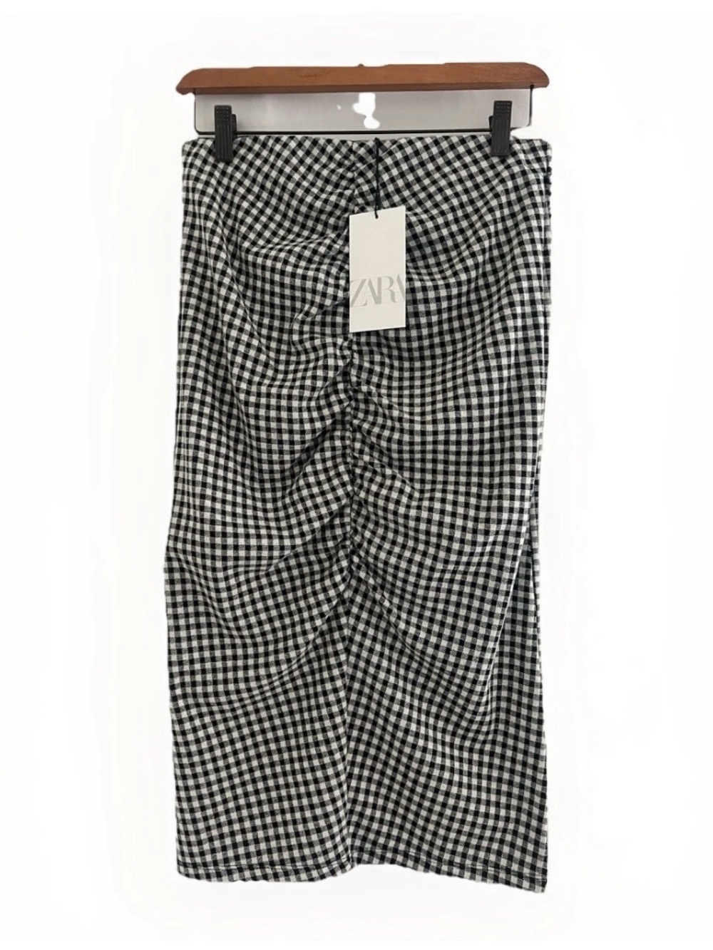 NWT Zara Black & White Gingham Plaid Ruched Midi Skirt Large